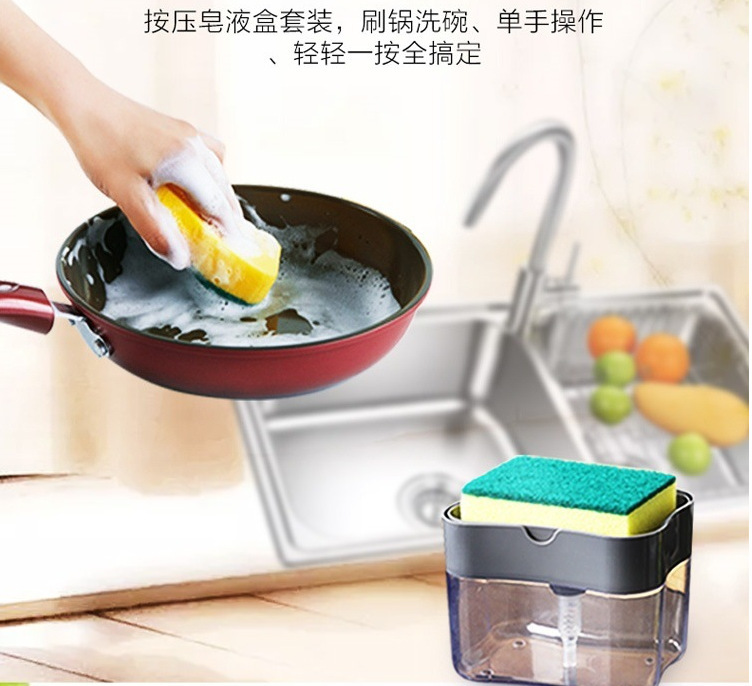 Cepillo de cocina utensilios de limpieza esponja prensa jabón dispensador caja de salida automática paño de limpieza cepillo de vajilla details Picture