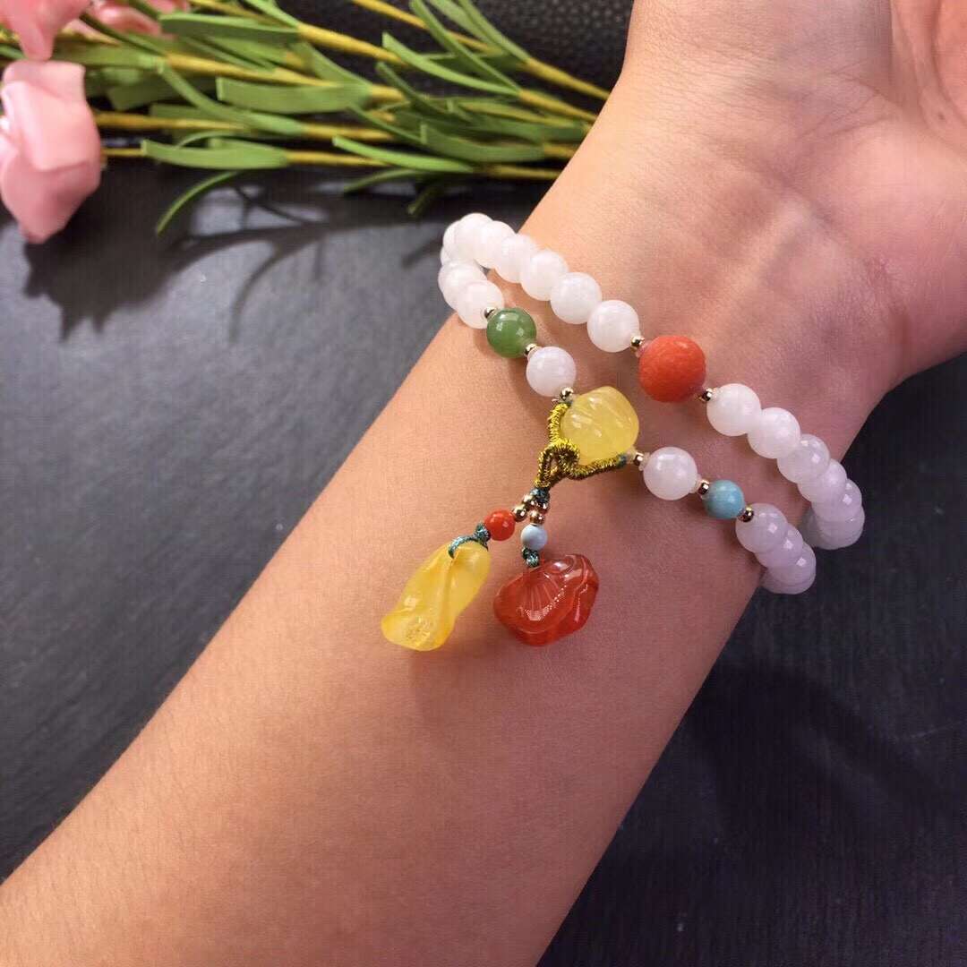 Natural Hetian white jade bracelet with two rings thumbnail