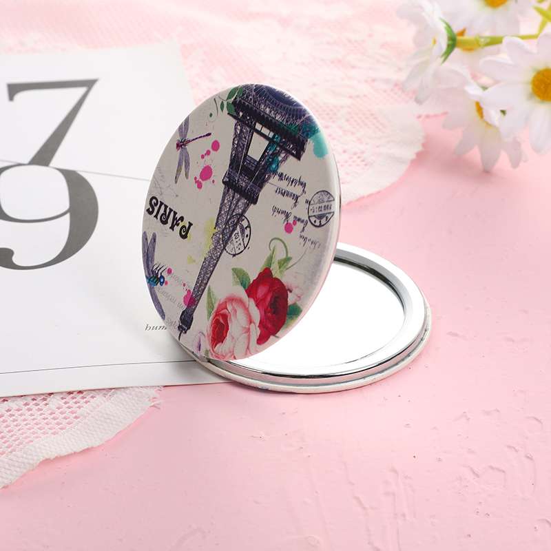 双面镜，小圆镜，PU电镀镜子，定制图案白底实物图