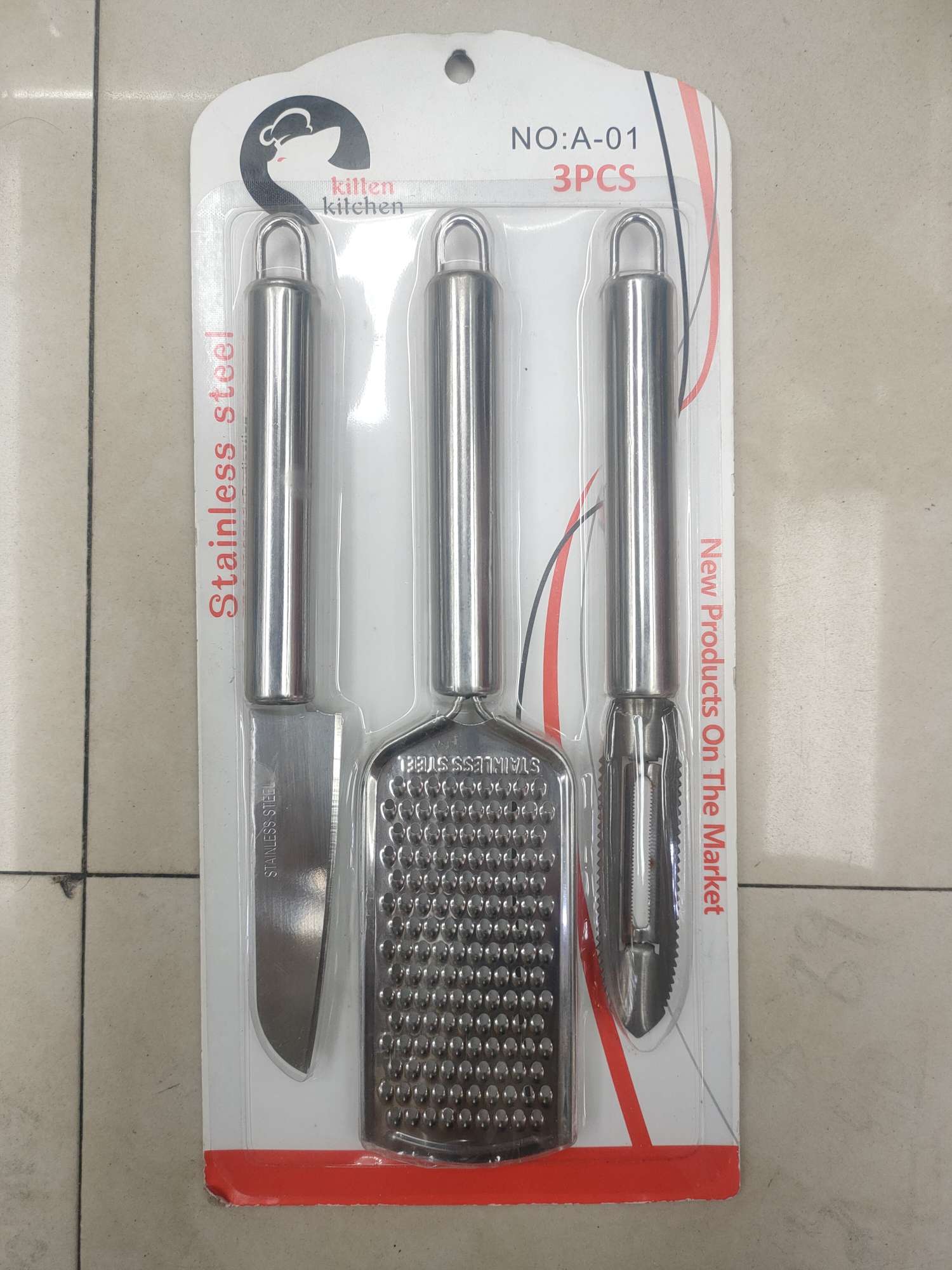 A.-01 juego de 3 piezas en tarjeta, cuchillo de fruta, cepillo de ojal, cepillo de escamas de pescado