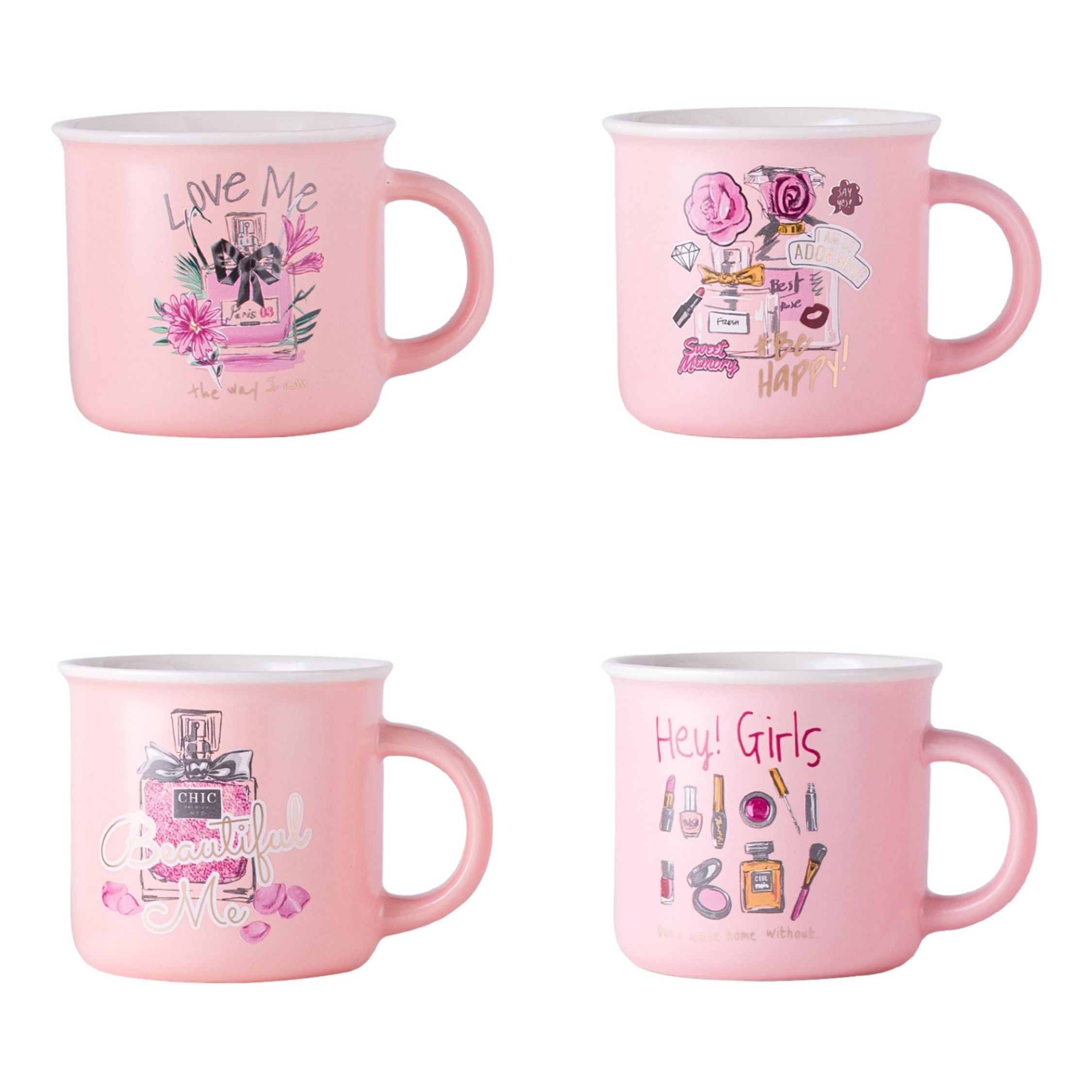 日用陶瓷贴花粉色系列马克杯咖啡杯仿搪瓷杯