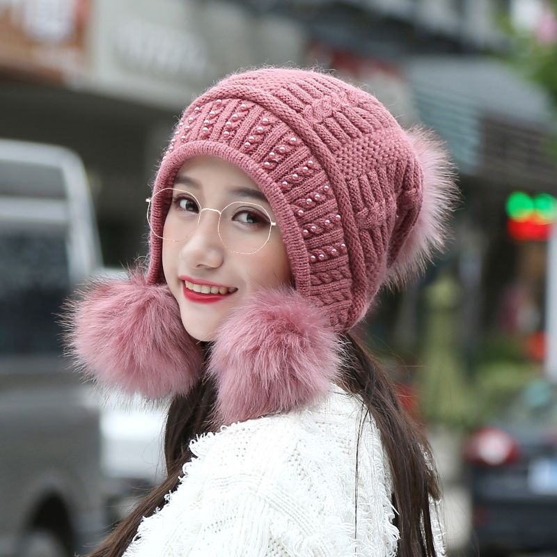 Winter Hat Women's New Rabbit Hair Pearl Hat Thickened Woolen Hat Korean Version Of Tide Youth Ear Cap Warm Knit Hat Item Picture