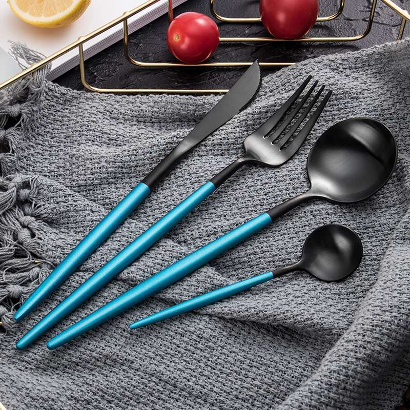 New Portuguese tableware black-plated stainless steel knife, fork and spoon four-piece set, high-end stainless steel Western tableware set customization Item Picture