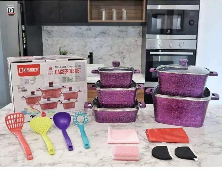 19-piece square soup pot set, striped marble tourmaline non-stick pot, multi-functional pot set