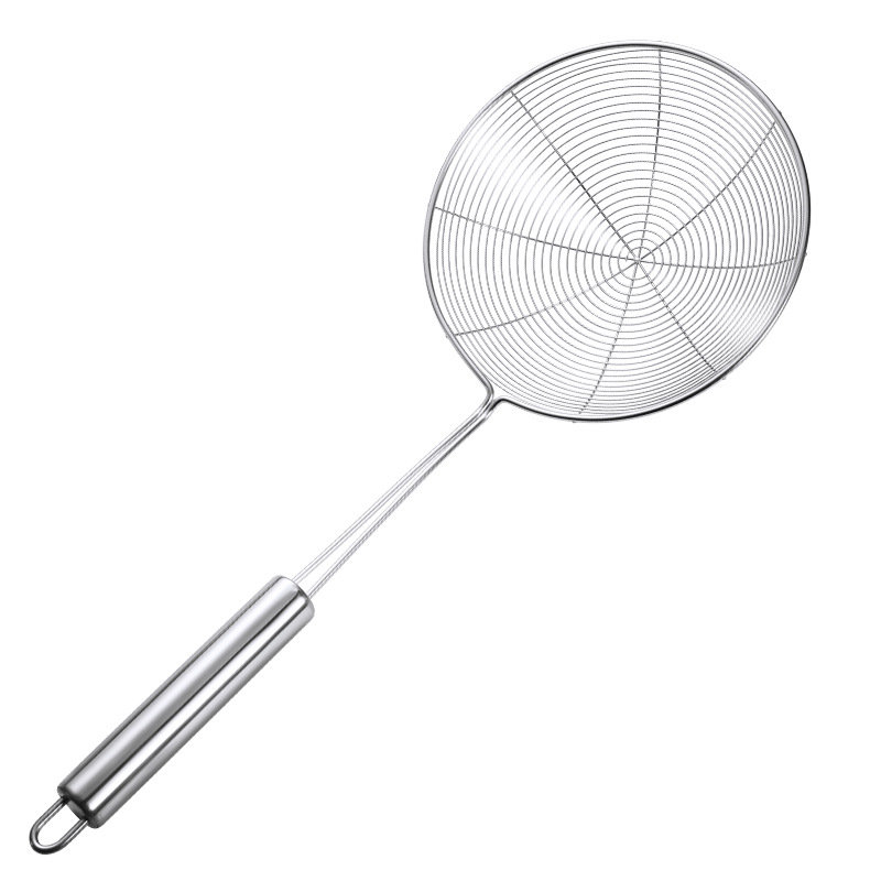 Wholesale stainless steel non-magnetic round tube handle strainer, anti-heat handle, large frying funnel, large draining net strainer Specification image