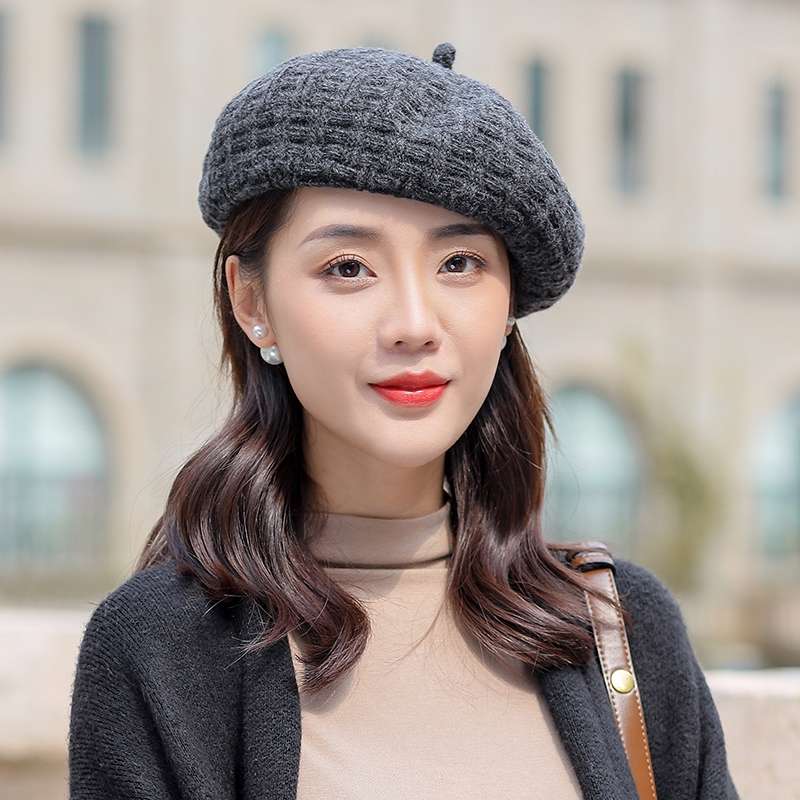 贝雷帽女秋冬水钻爱心流苏羊毛画家帽复古八角帽南瓜帽优雅报童帽灰色