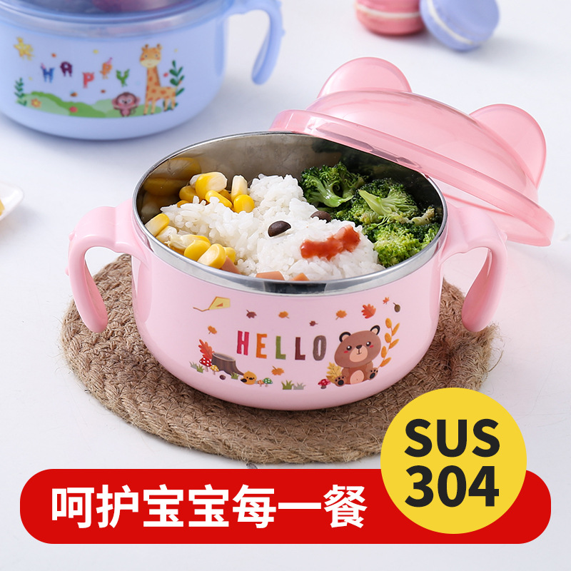 304 food grade stainless steel children bowl baby eating bowl baby cartoon cute double anti-hot insulation bowl thumbnail