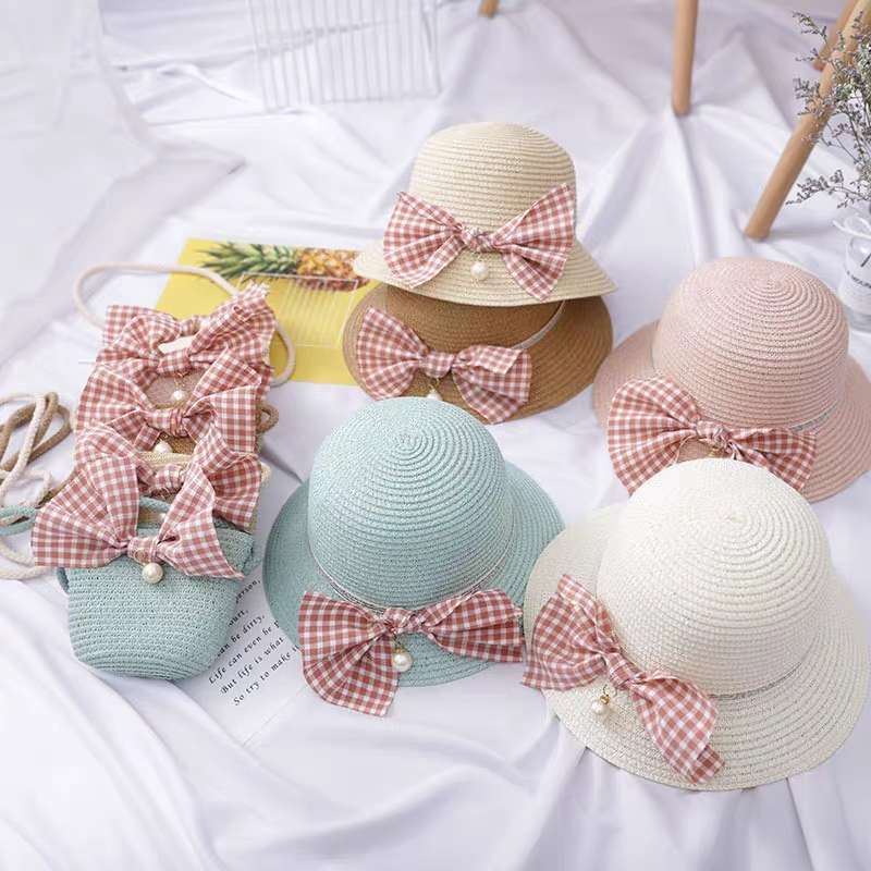 Straw Hat For Children With Plaid Bow