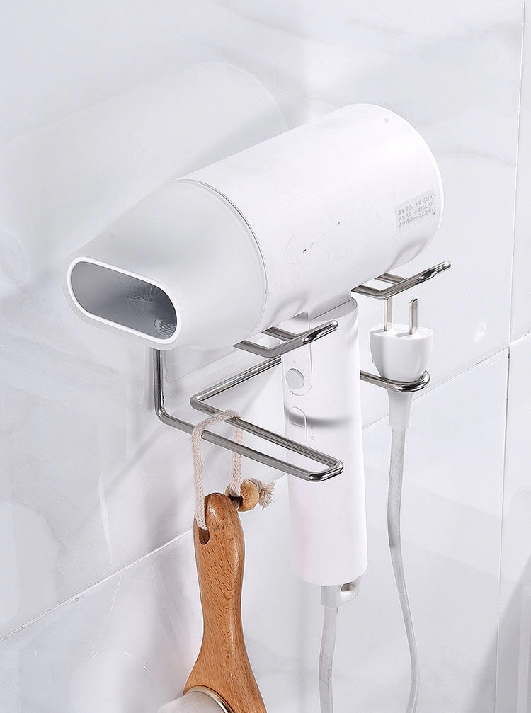 不锈钢吹风机置物架卫生间免打孔电吹风支架浴室吹风筒壁挂架 银色透明贴纸白底实物图