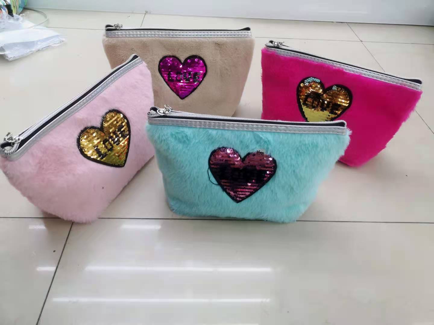 Hex Makeup Bag Plush Heart Patch Glitter Love Makeup Bag