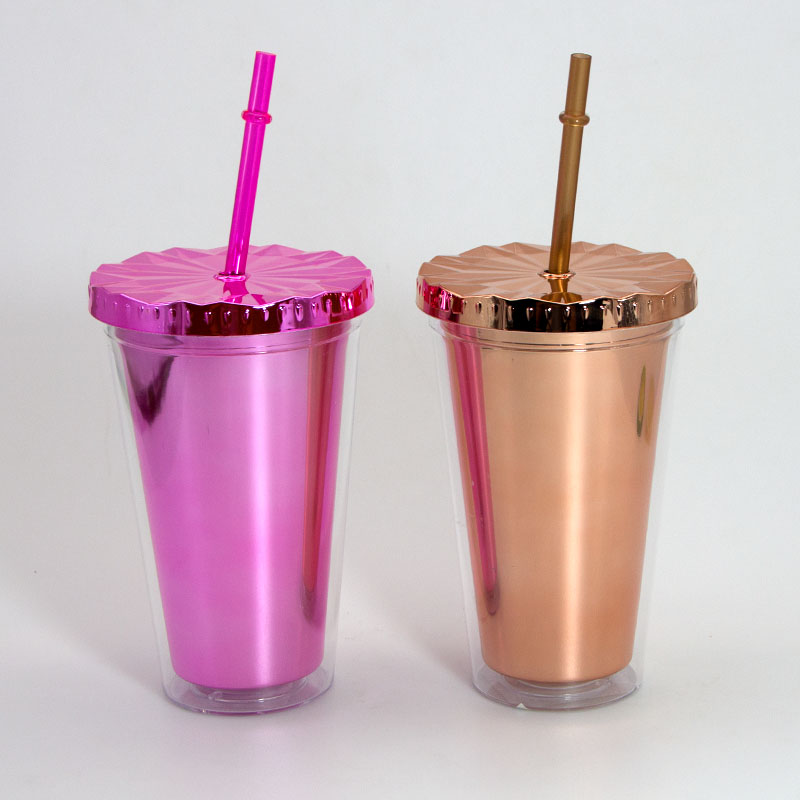工厂直销全身电镀双层塑料吸管杯子，方便携带水杯，奶茶杯饮料杯，学生吸管杯水杯子