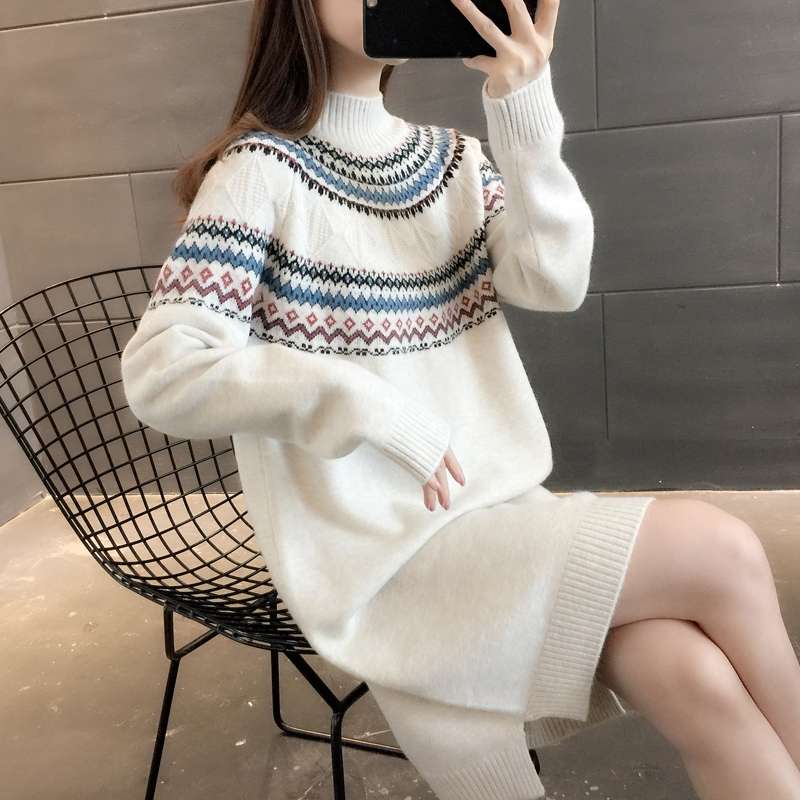 慵懒风毛衣裙女过膝新款女装宽松加厚打底衫秋冬外穿中长款