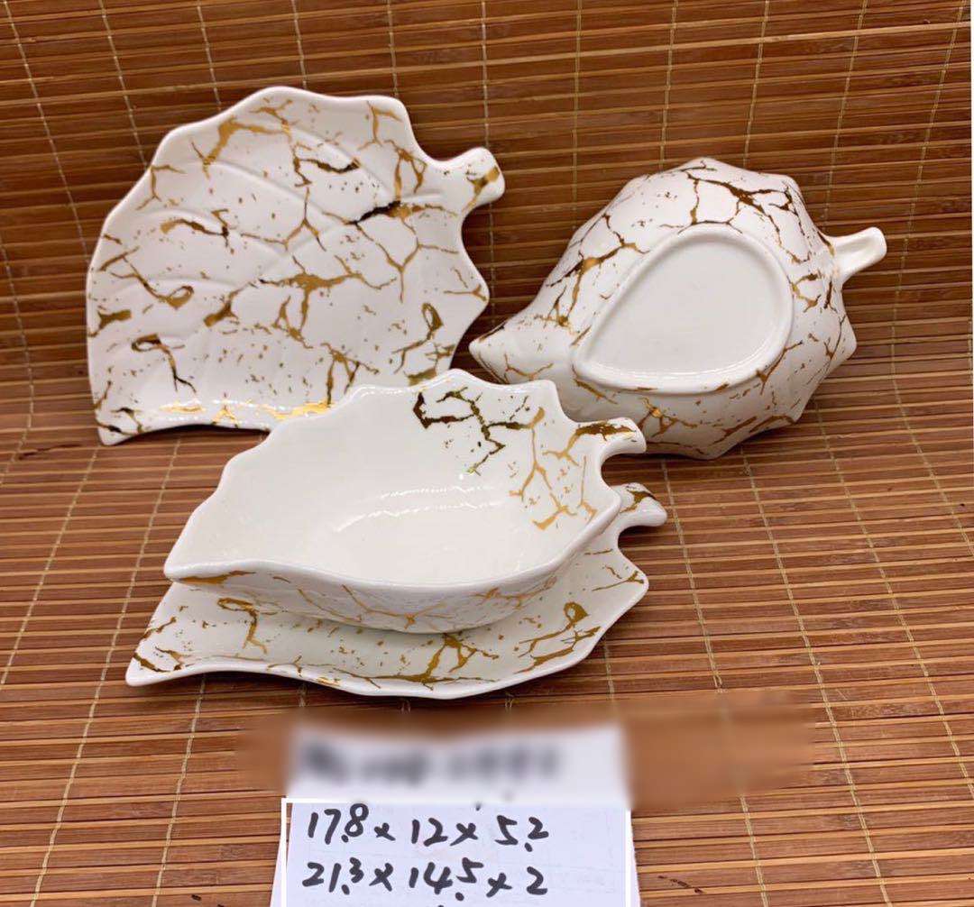 大理石纹陶瓷碗盘树叶型陶瓷碗碟套装图