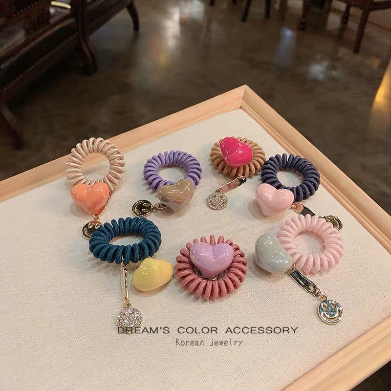 韩版电话线爱心笑脸皮筋女生日常马尾束发头饰新颖时尚简单实用发饰皮筋