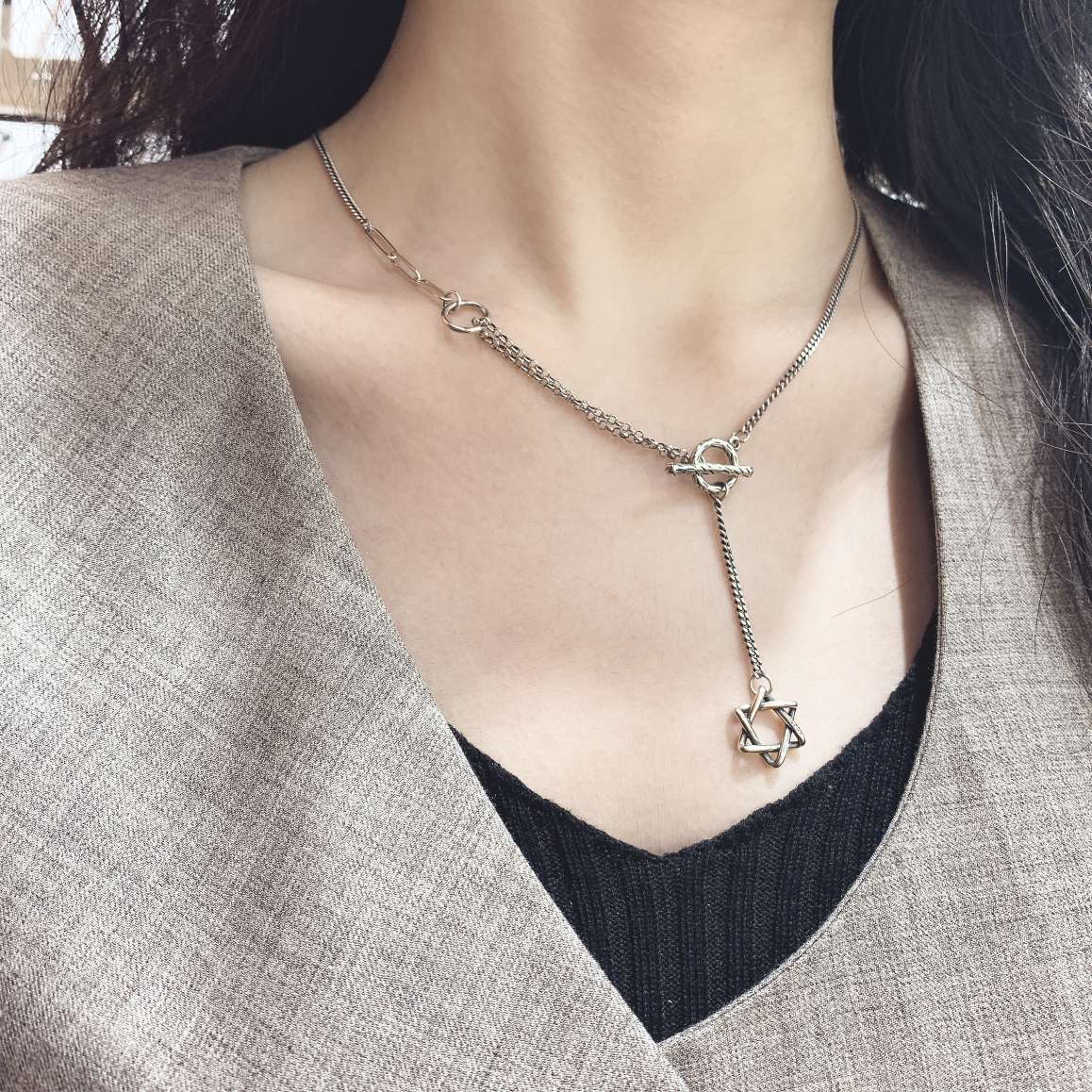 UKI SILVER and Season S925 pure silver openwork five-pointed star tassel necklace details Picture