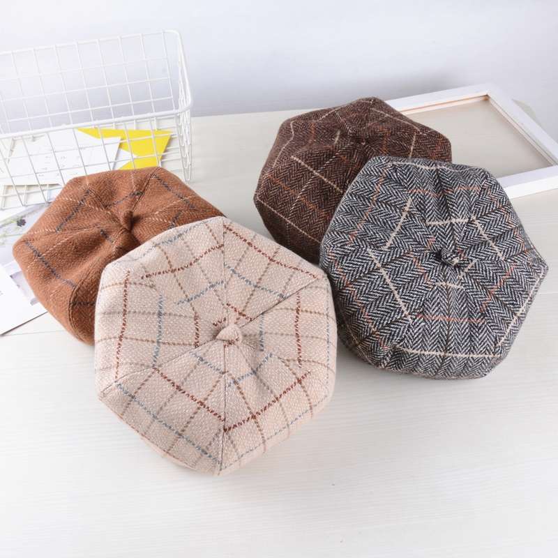 Children's Autumn And Winter Hats English Plaid Painter Hats Boys And Girls Berets Family Style Bud Pumpkin Hat Tide