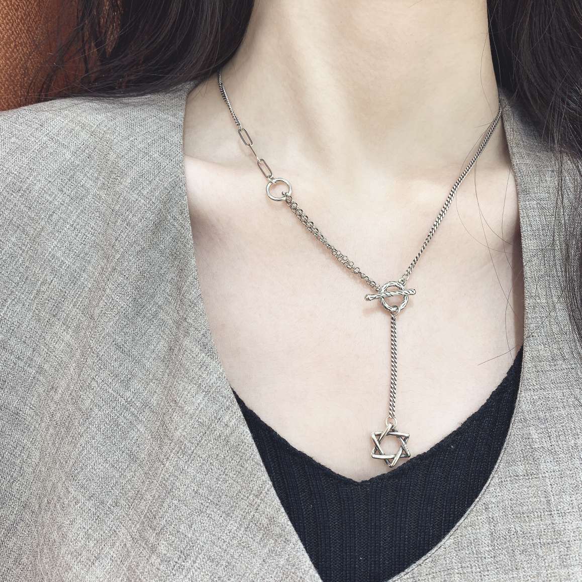 UKI SILVER  与季S925纯银镂空五角星流苏颈链项链