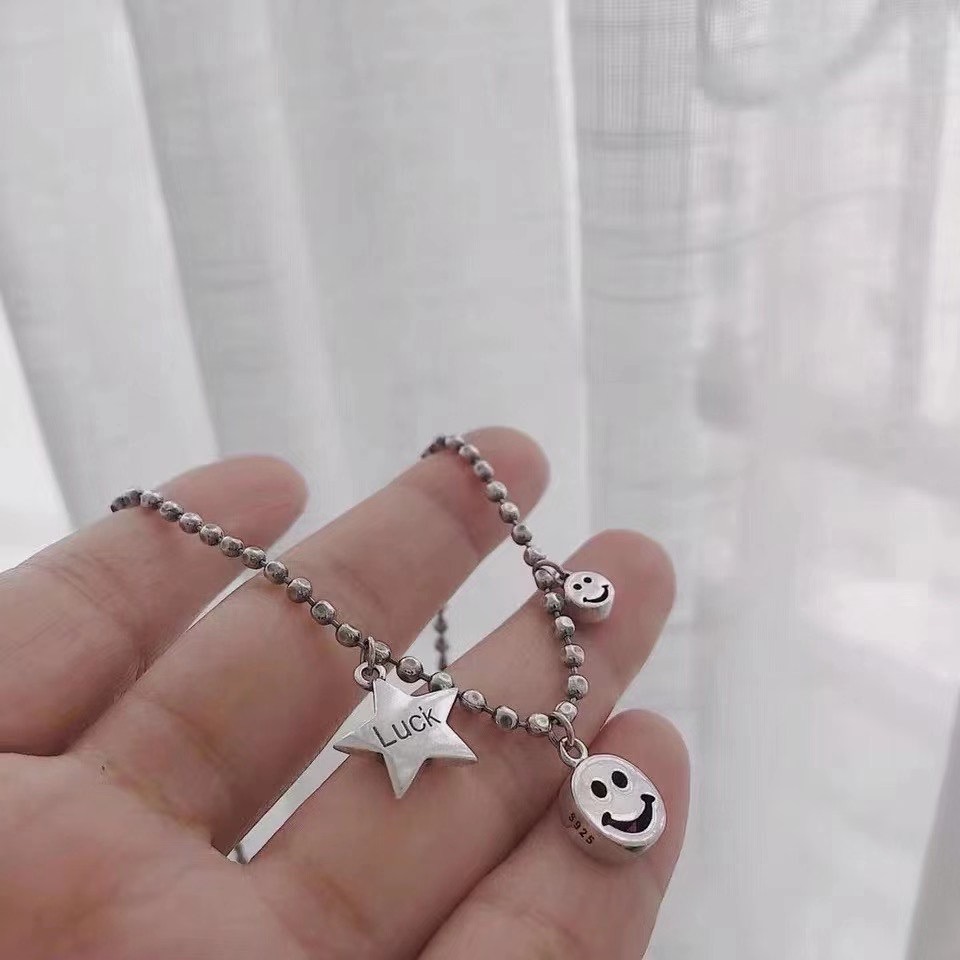 UKI SILVER with Season S925 sterling silver lucky Star ⭐ smiley face necklace details Picture