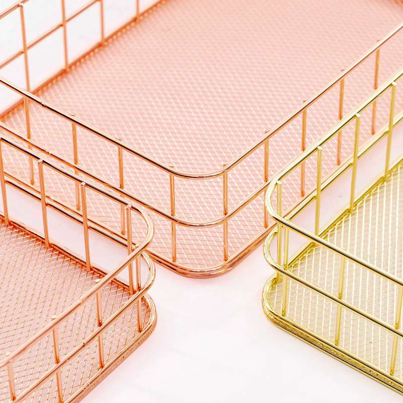 篮，北欧玫瑰金铁艺网底收纳篮笔筒办公收纳整理篮子文具篮金属收纳筐详情图1