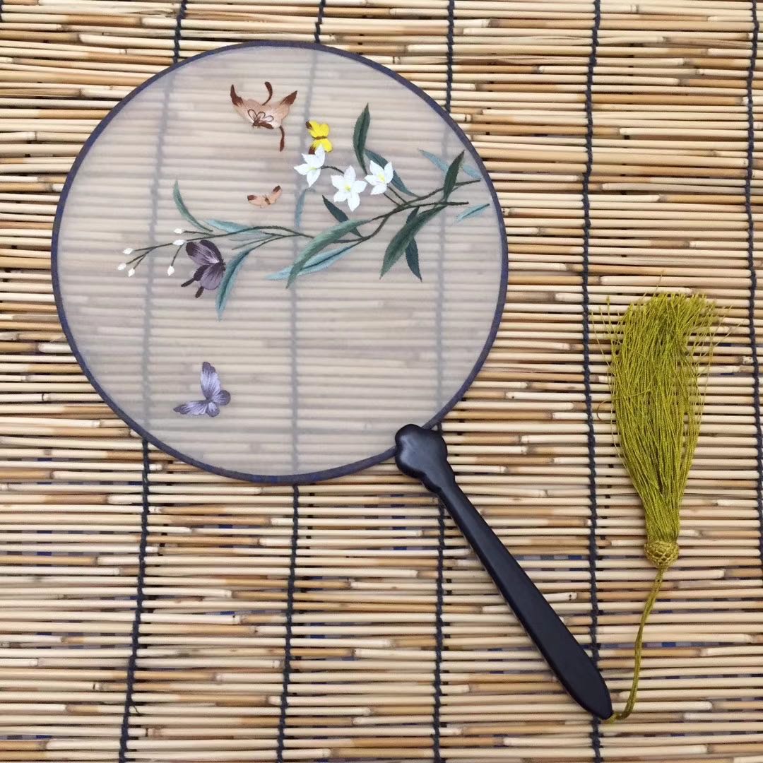 现代新中式装饰画油画居家酒店客厅装饰画机器绣扇子