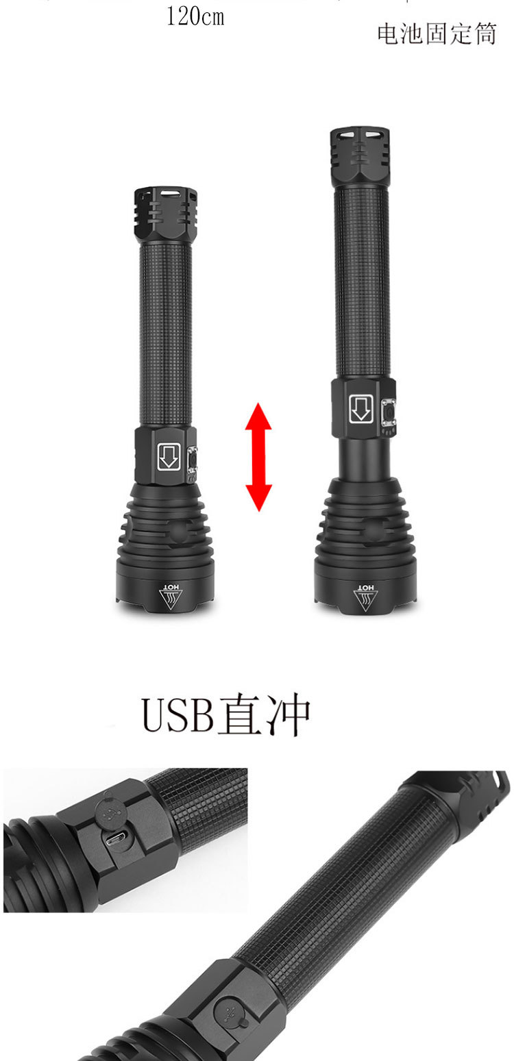 跨境新款XHP90强光手电 电量显示含背带P90变焦强光手电筒USB充电详情图1