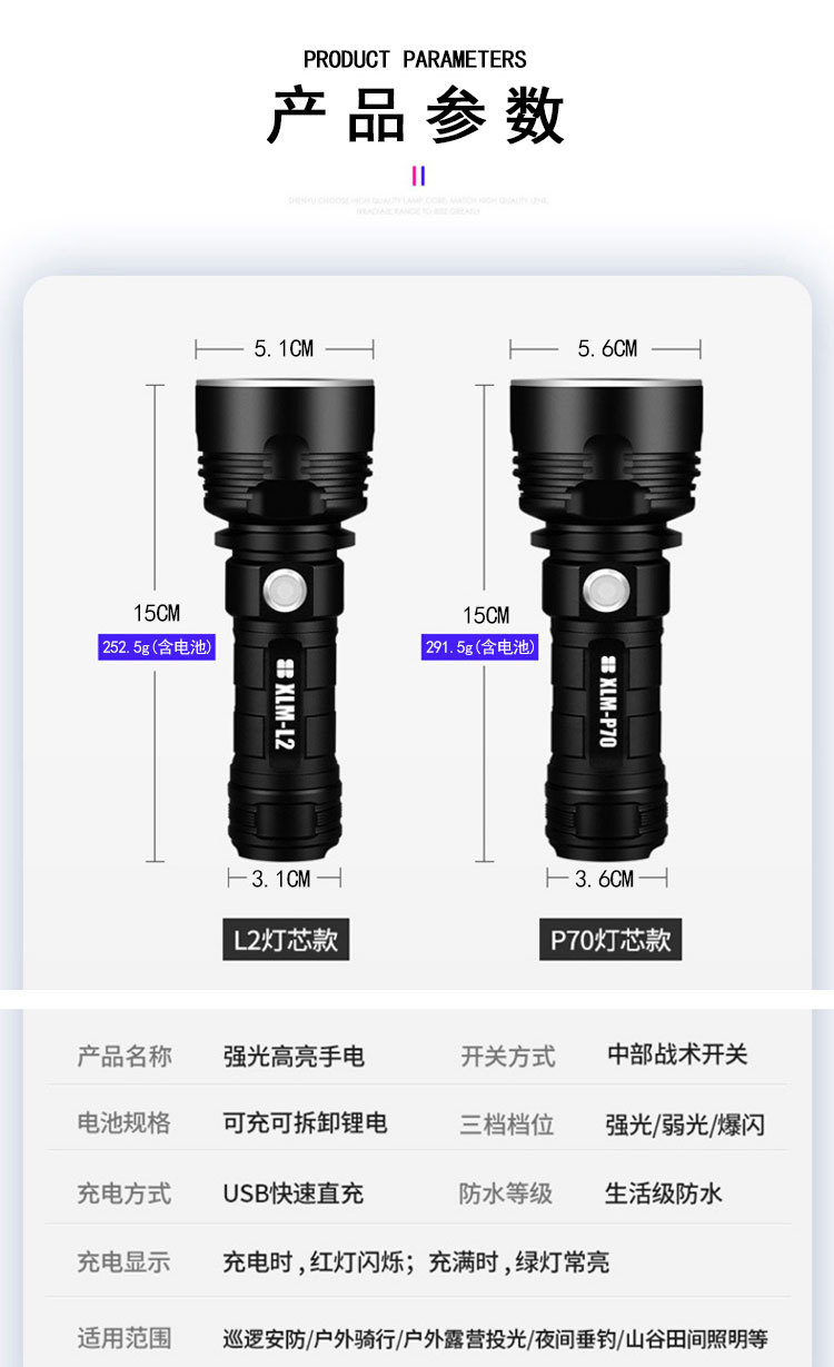 跨境P70四核强光手电筒可充电超亮远射LED户外探照灯26650大功率详情图2