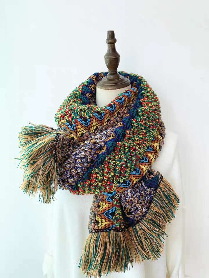 Otoño invierno étnica bufanda geométrica color flecos vintage punto engrosado chal mujer boho chic viajes details Picture