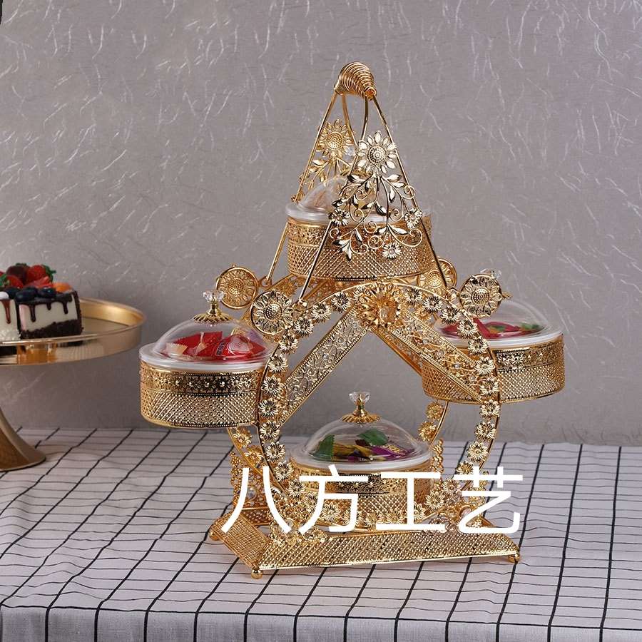 Wholesale Middle East Nordic Hollowed Out Four Bars Candy Rack Iron Ceramic Bowl Plastic Lid details Picture