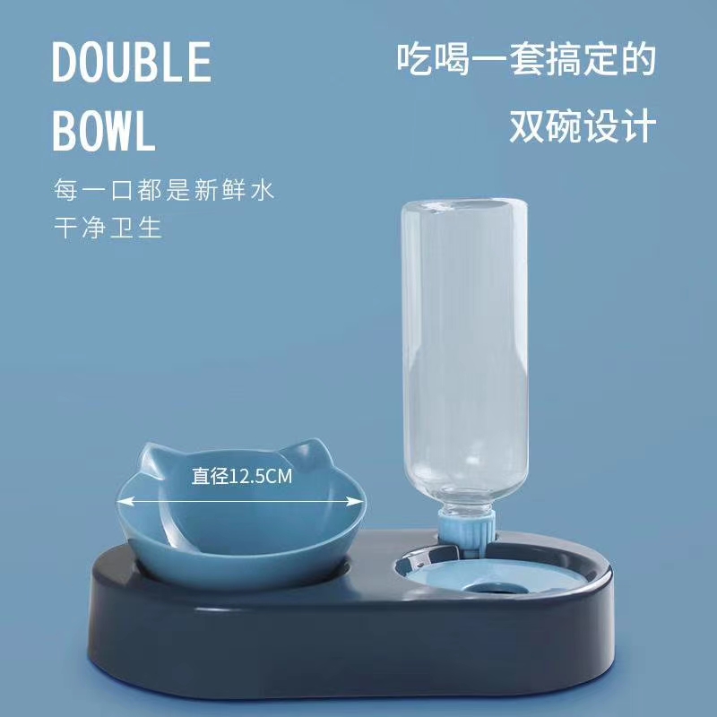 自动续水双碗/寵物续水双碗/狗貓续水双碗白底实物图