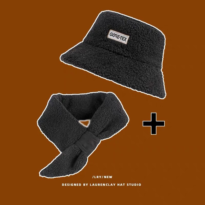 A new Japanese double-sided wearable suede fisherman's hat for women's autumn and winter, featuring a sheepskin warm basin hat and a scarf set