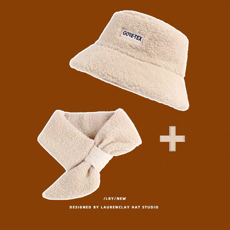 A new Japanese double-sided wearable suede fisherman's hat for women's autumn and winter, featuring a sheepskin warm basin hat and a scarf set Specification image
