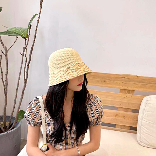 ins Fisherman hat female Internet celebrity Spring and Autumn New Korean style versatile and face-enhancing small Japanese wavy knitted bucket hat Specification image