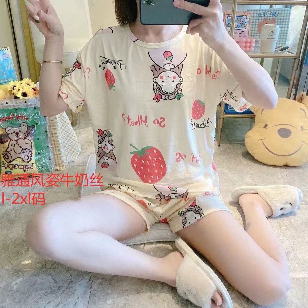 睡衣女夏季牛奶丝短袖短裤可爱两件套装卡通可爱薄款学生清新家居服详情图3