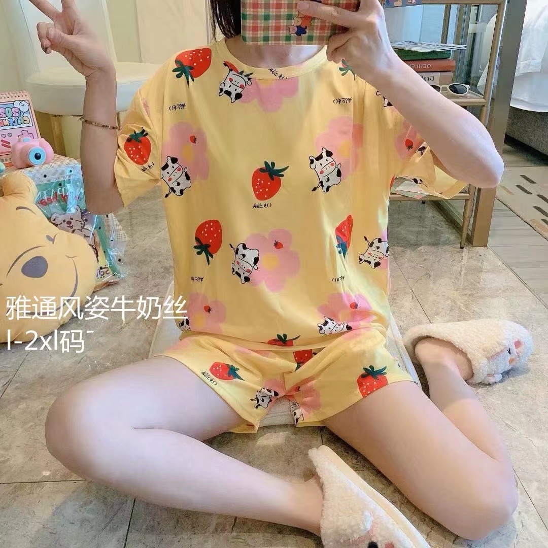 睡衣女夏季牛奶丝短袖短裤可爱两件套装卡通可爱薄款学生清新家居服白底实物图