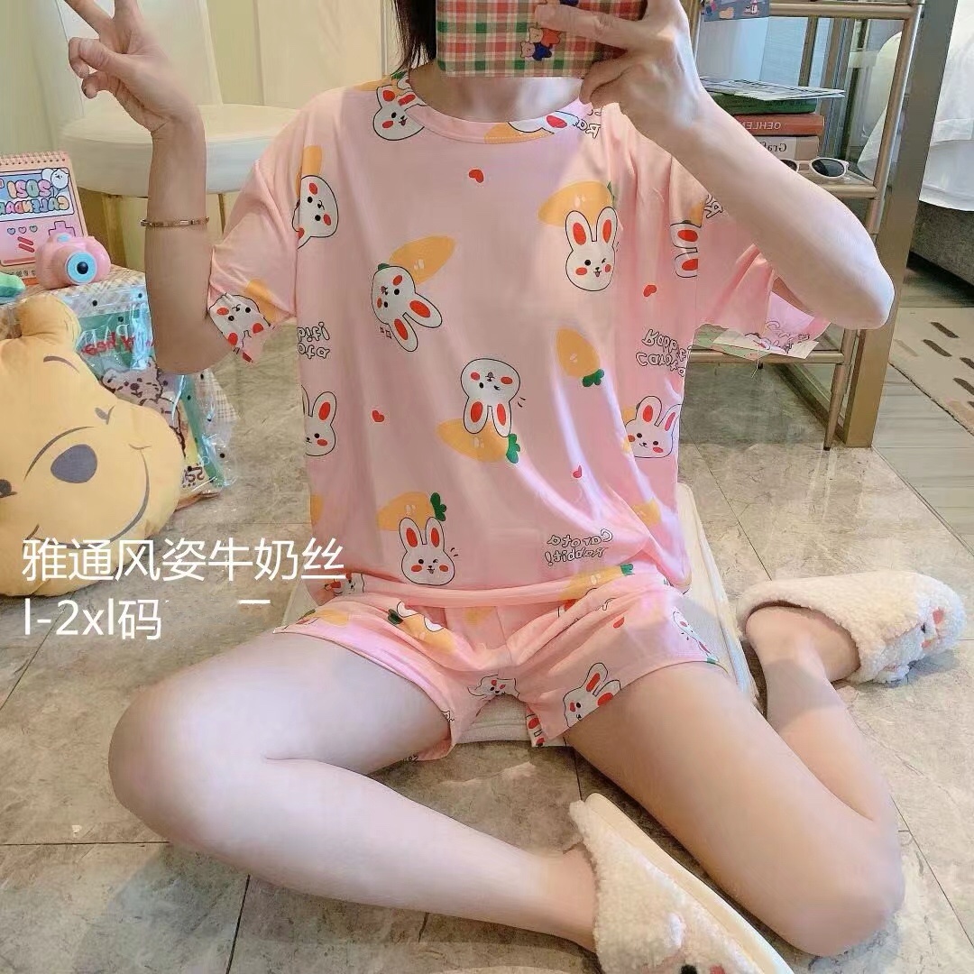 睡衣女夏季牛奶丝短袖短裤可爱两件套装卡通可爱薄款学生清新家居服