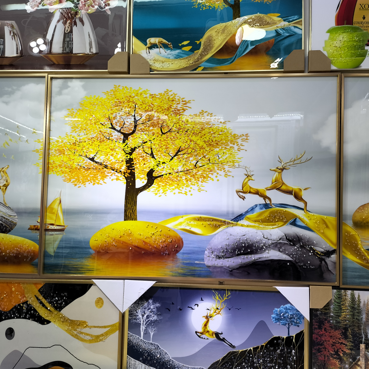 晶瓷画镶钻3D立体同款客厅装饰画三联带钻-1
