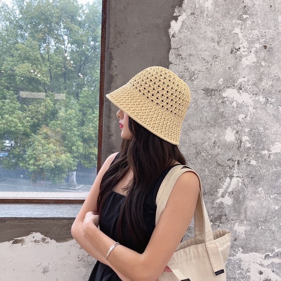 Summer's new pineapple weave bucket hat, a popular Japanese style with a hollowed-out design that highlights the face, and a sunshade and sun protection fisherman's hat detail image 3