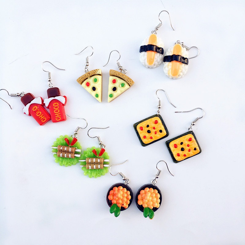 Creative handmade food play earrings, funny and fun Japanese sushi pizza earrings, can be used as ear clips
