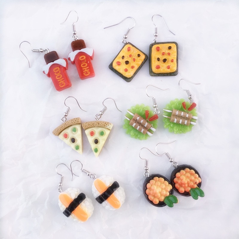 Creative handmade food play earrings, funny and fun Japanese sushi pizza earrings, can be used as ear clips details Picture