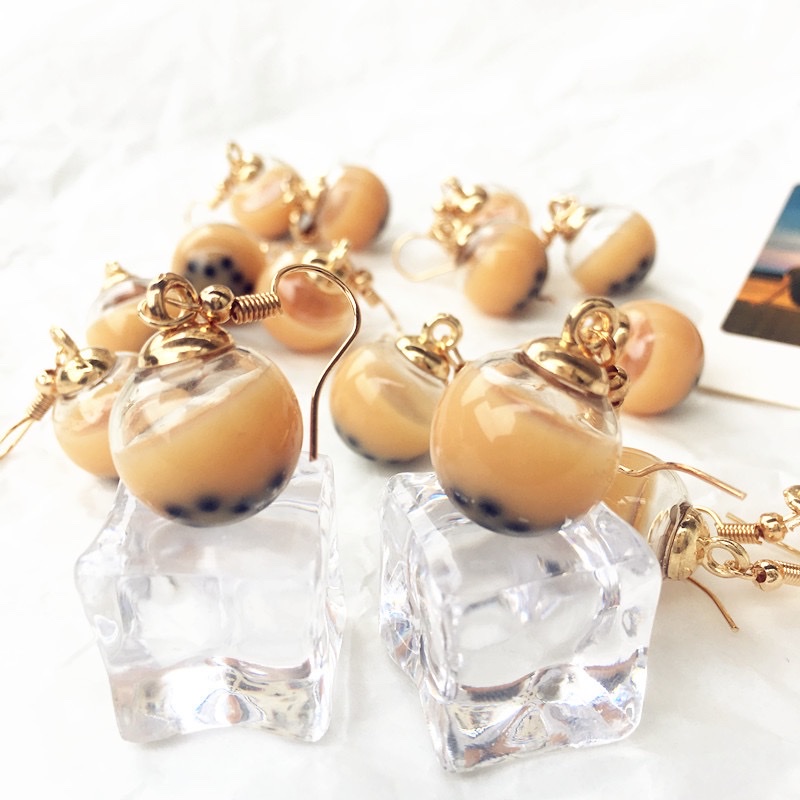 Creative handcrafted Japanese and Korean style bubble milk tea earrings can be used as ear clips details Picture