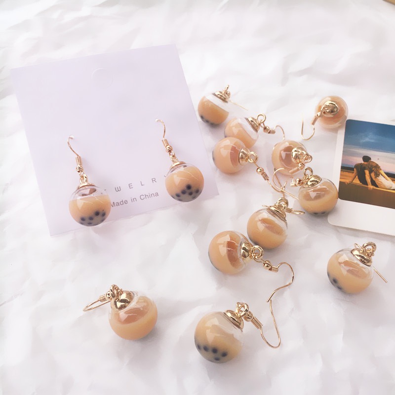 Creative handcrafted Japanese and Korean style bubble milk tea earrings can be used as ear clips