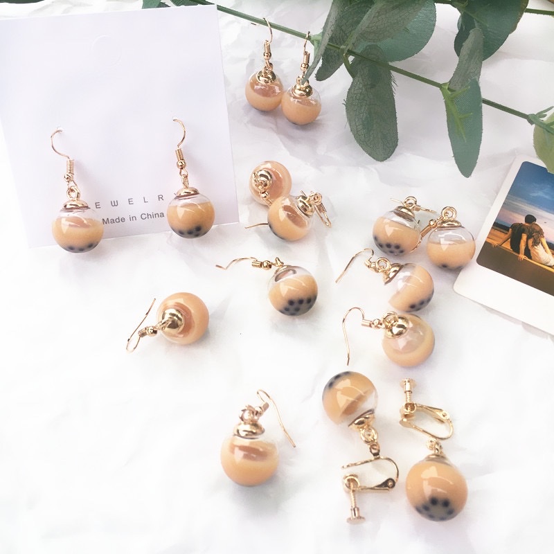 Creative handcrafted Japanese and Korean style bubble milk tea earrings can be used as ear clips Specification image