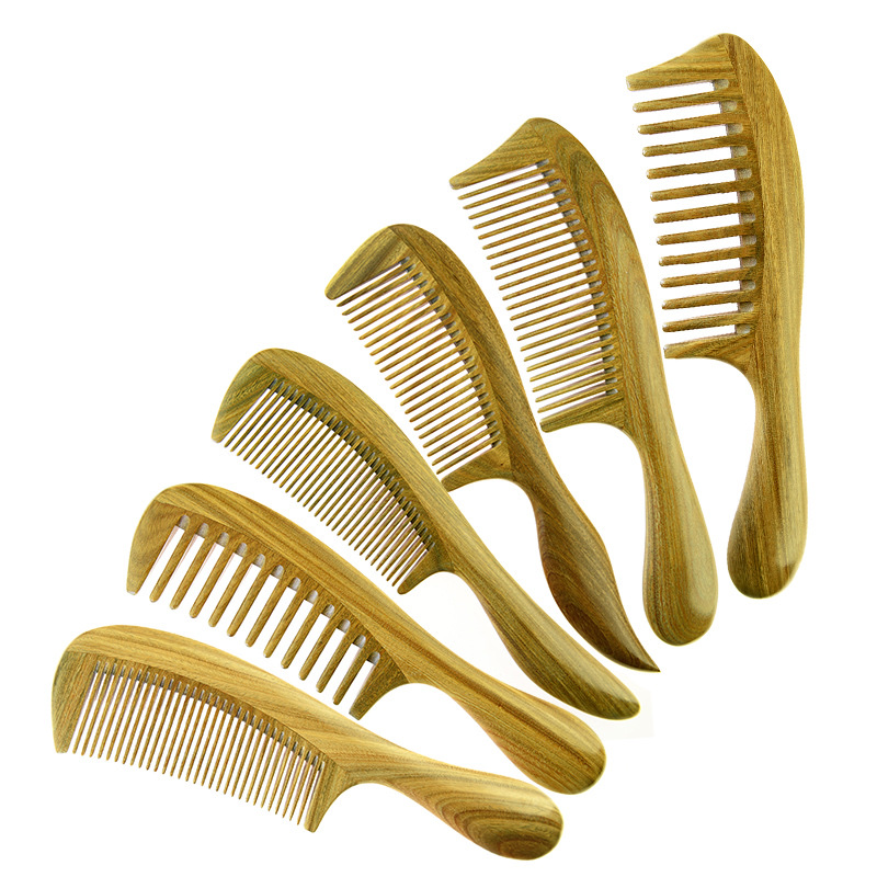 Genuine natural wood green sandalwood comb, extended handle, fine-toothed comb, wide-toothed curly comb detail image 20