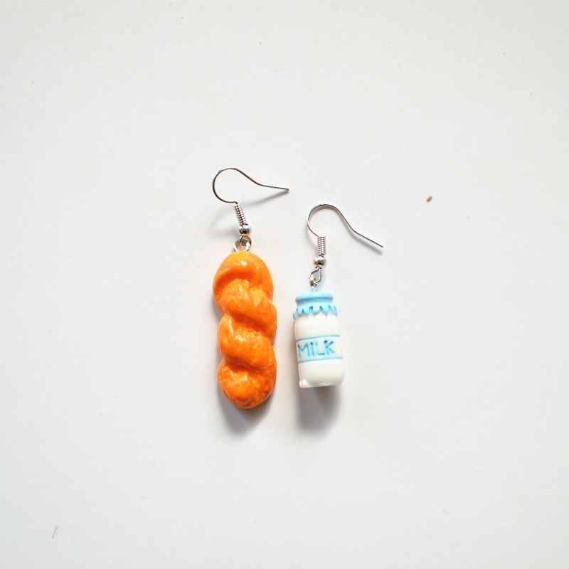 Japanese and Korean Harajuku style simulation food, bread and milk earrings can be used as ear clips details Picture