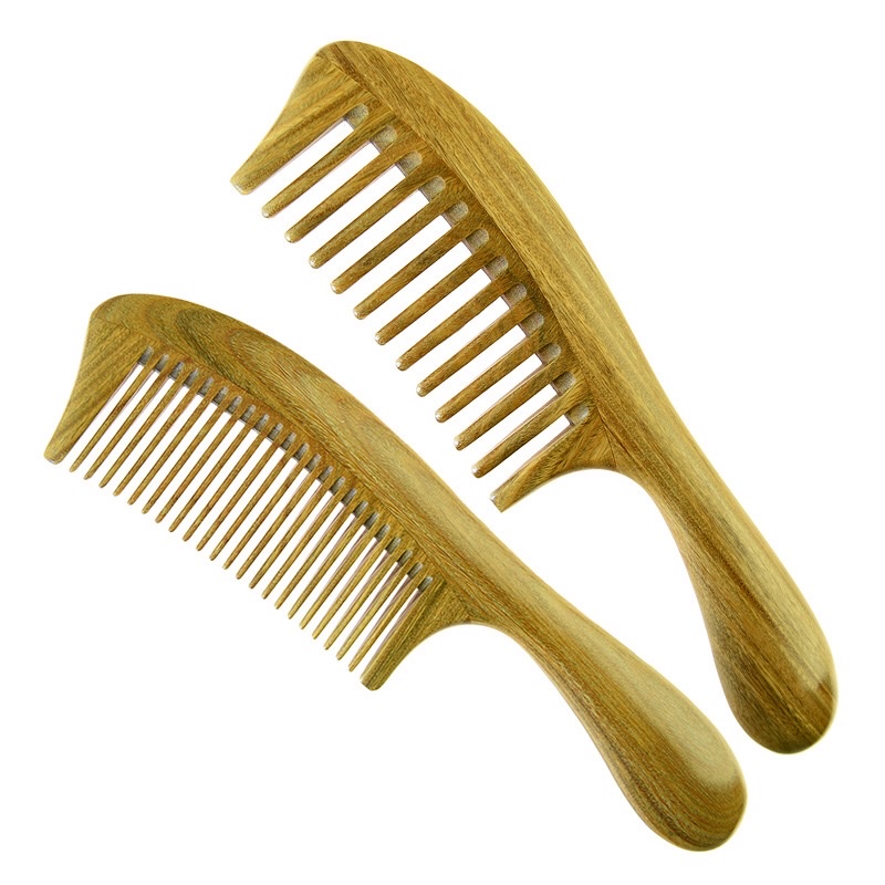 Genuine natural wood green sandalwood comb, extended handle, fine-toothed comb, wide-toothed curly comb detail image 9