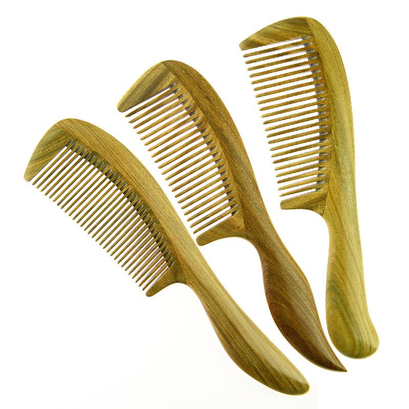 Genuine natural wood green sandalwood comb, extended handle, fine-toothed comb, wide-toothed curly comb Item Picture
