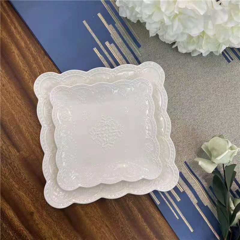 精美四方盘 牛排盘餐盘 蝴蝶蕾丝浮雕陶瓷纯白西餐盘