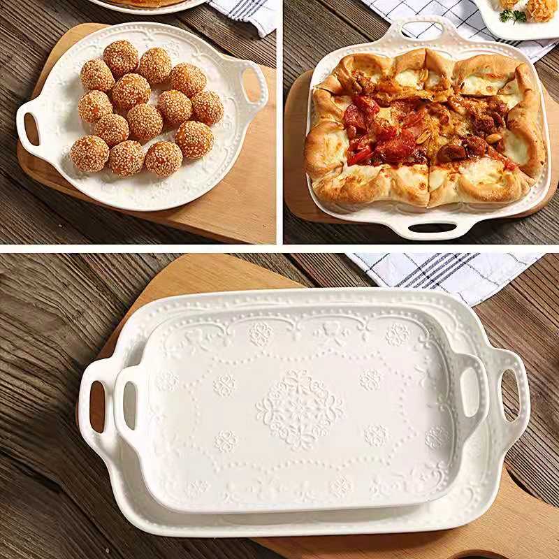 European-style ceramic relief double-ear round plate, cold dish plate, salad plate, fruit plate, cake plate, tableware, 8 inches, 20cm details Picture