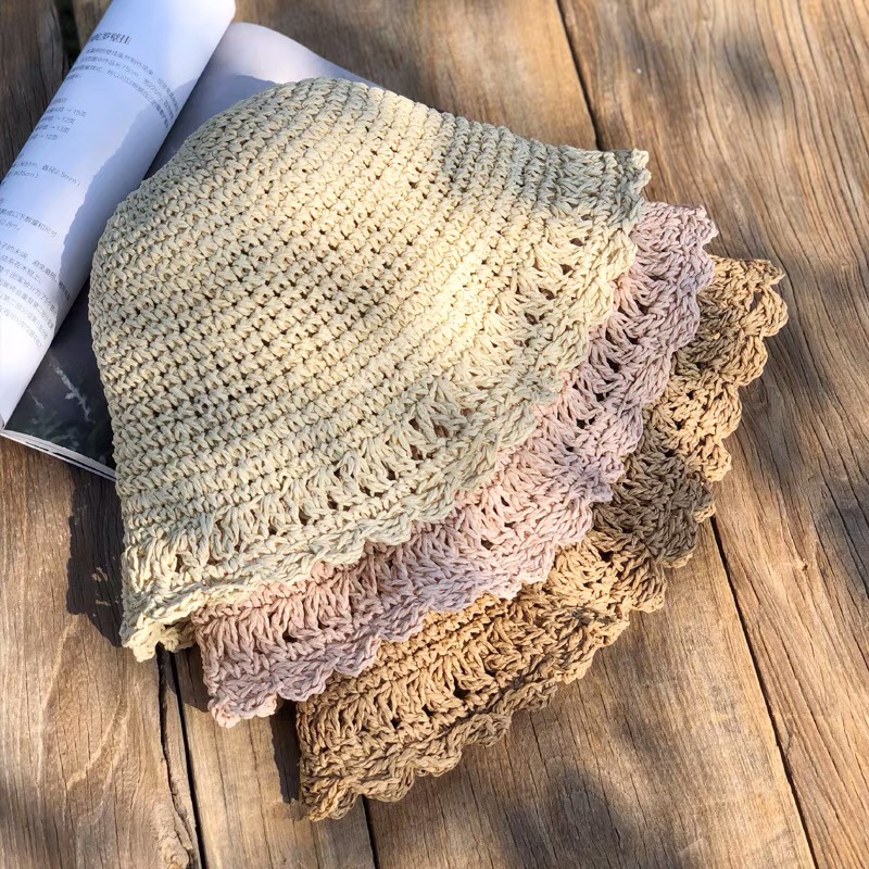 手工编制镂空交叉水桶草帽女夏小清新文艺遮阳帽日系小沿渔夫帽子