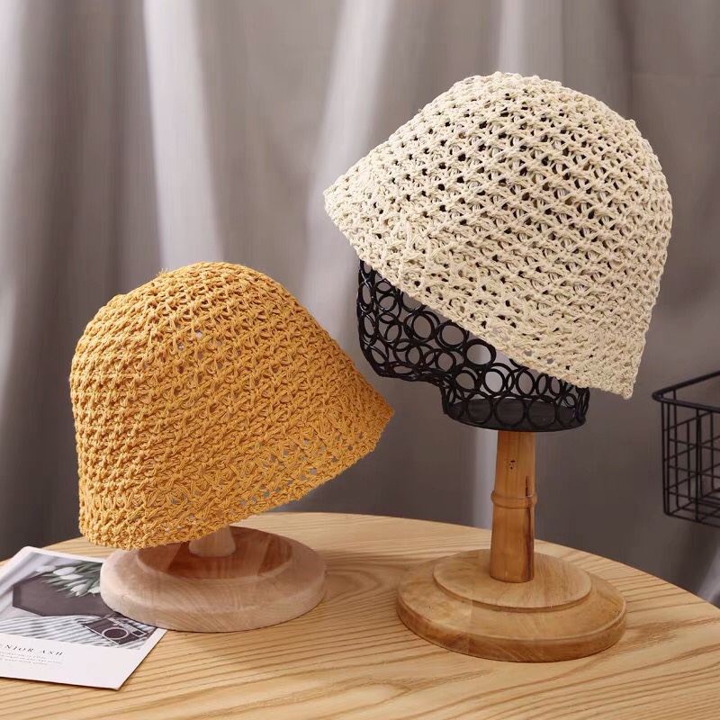 帽子女韩国东大门草编针织水桶帽简约渔夫帽潮流出游镂空透气草帽